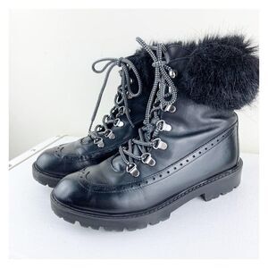 Charles David Ramses Combat Style Black Leather Fur‎ Trim Lug Sole Warm Bootie